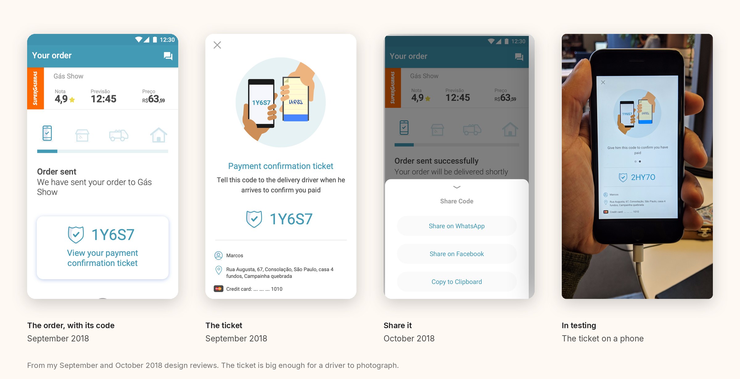 The order with its code, the ticket, sharing it and the ticket in testing.